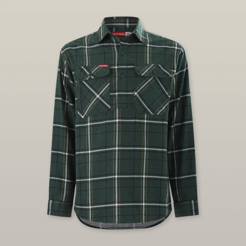 [Y04006-GREEN_CHECK-XS] HARD YAKKA - [Y04006] CORE LONG SLEEVE CLOSED FRONT CHECK FLANNEL SHIRT (GREEN CHECK, XS)