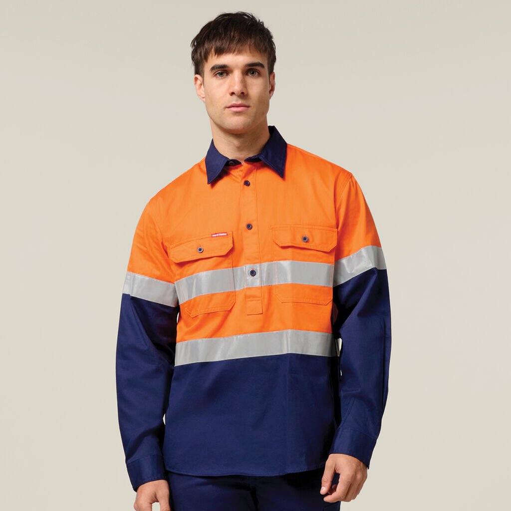[Y04615-ORANGE/NAVY-S] HARD YAKKA - [Y04615] CORE HI VIS LONG SLEEVE CLOSED FRONT HEAVYWEIGHT TAPED COTTON DRILL SHIRT (ORANGE/NAVY, S)