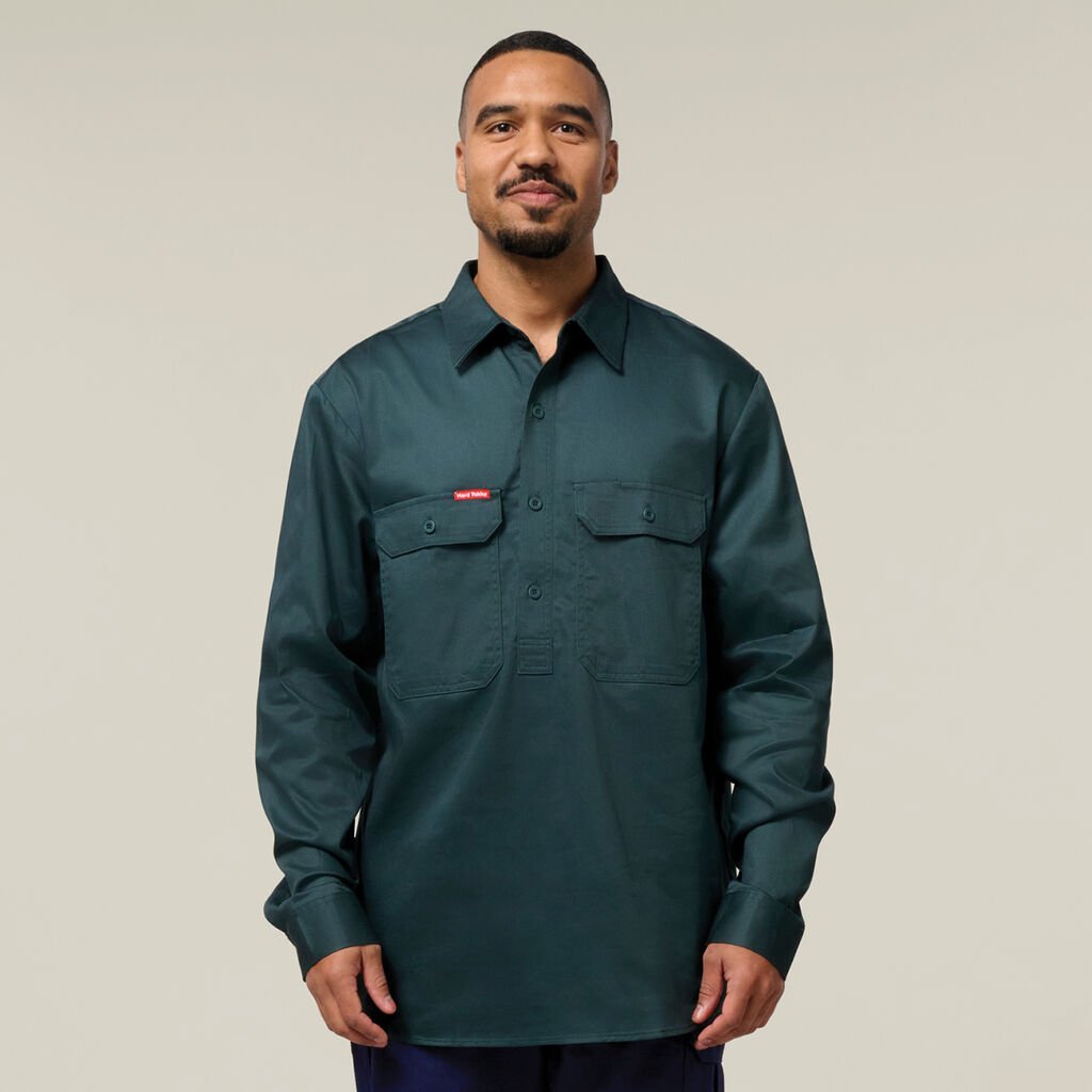 [Y07530-GREEN-S] HARD YAKKA - [Y07530] CORE LONG SLEEVE CLOSED FRONT HEAVYWEIGHT DRILL SHIRT (GREEN, S)