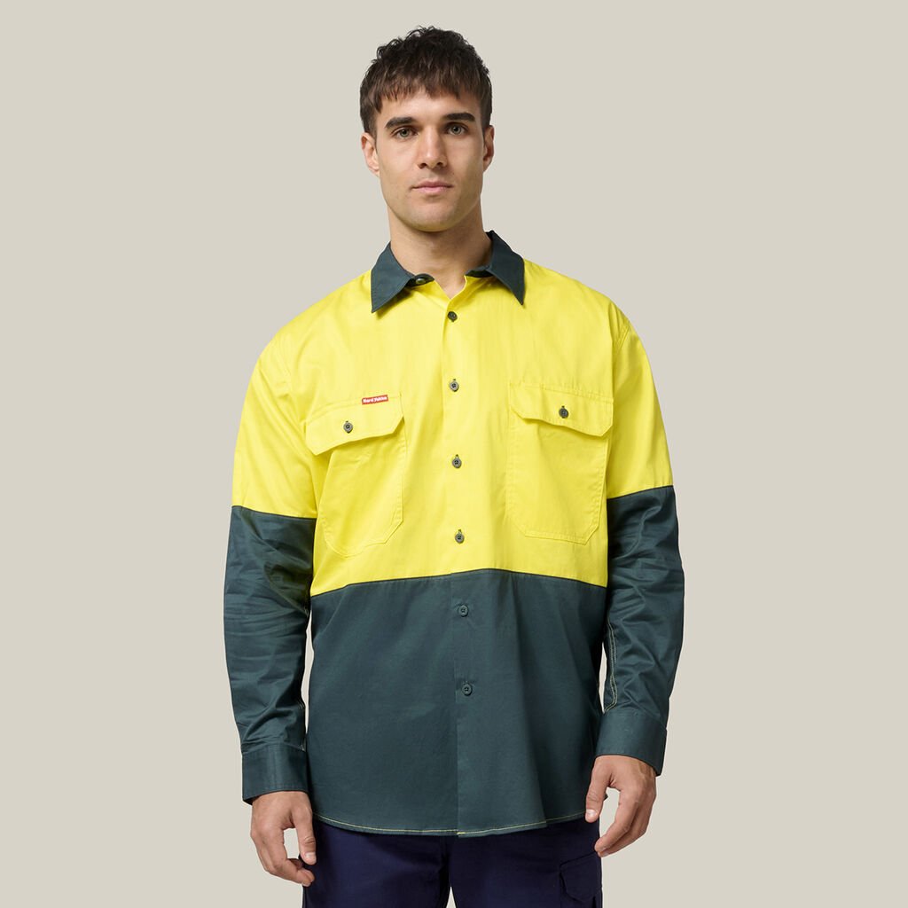 HARD YAKKA - [Y07558] CORE HI VIS LONG SLEEVE LIGHTWEIGHT SPLICED VENTED DRILL SHIRT (SOLID BACK)