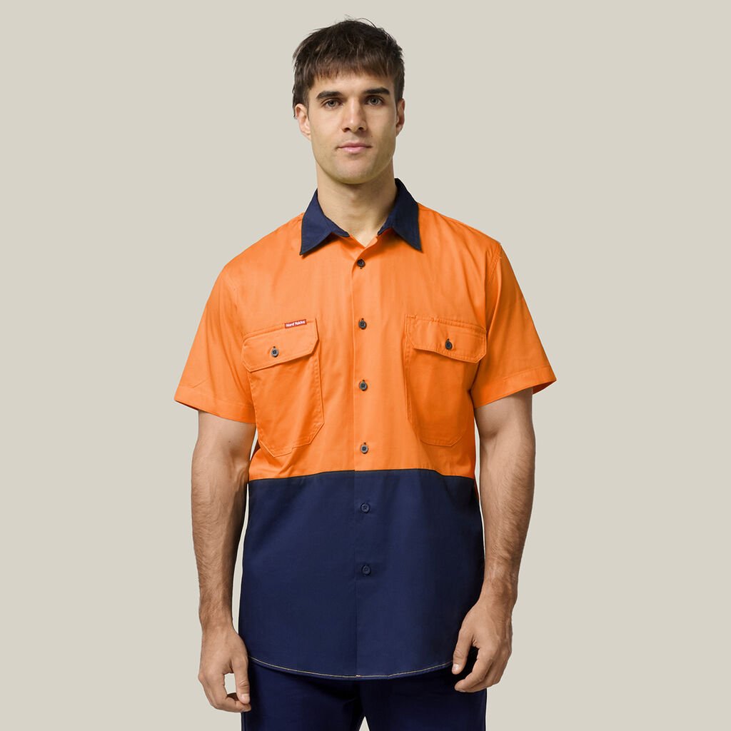 HARD YAKKA - [Y07559] CORE HI VIS SHORT SLEEVE LIGHTWEIGHT SPLICED VENTED DRILL SHIRT (SOLID BACK)
