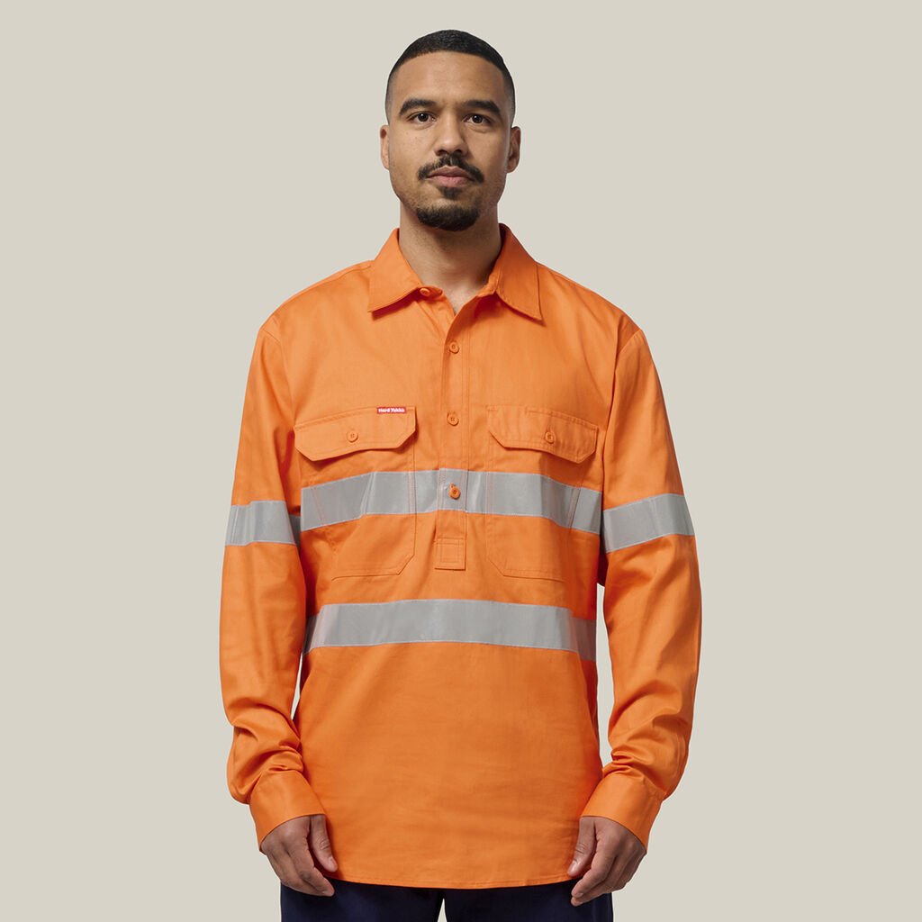[Y07899-ORANGE-S] HARD YAKKA - [Y07899] CORE HI VIS LONG SLEEVE CLOSED FRONT HEAVYWEIGHT TAPED COTTON DRILL SHIRT (S)
