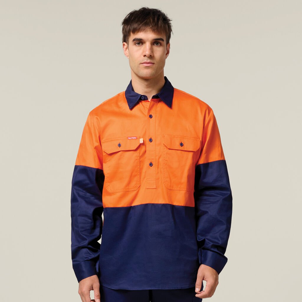 [Y07984-ORANGE/NAVY-S] HARD YAKKA - [Y07984] CORE HI VIS LONG SLEEVE CLOSED FRONT HEAVYWEIGHT SPLICED GUSSET SLEEVE DRILL SHIRT (SOLID BACK) (ORANGE/NAVY, S)
