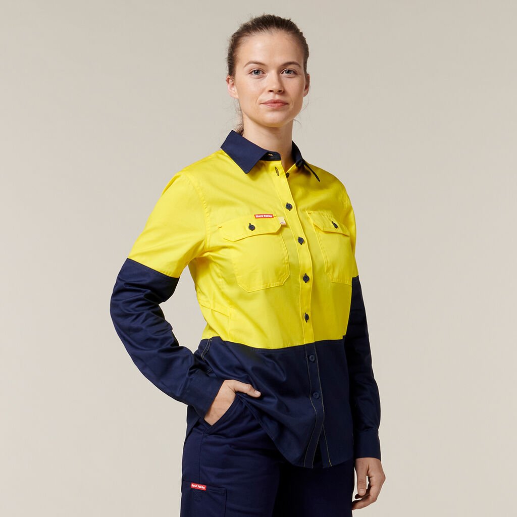 HARD YAKKA - [Y08225] WOMEN'S CORE HI VIS LONG SLEEVE LIGHTWEIGHT SPLICED VENTED DRILL SHIRT