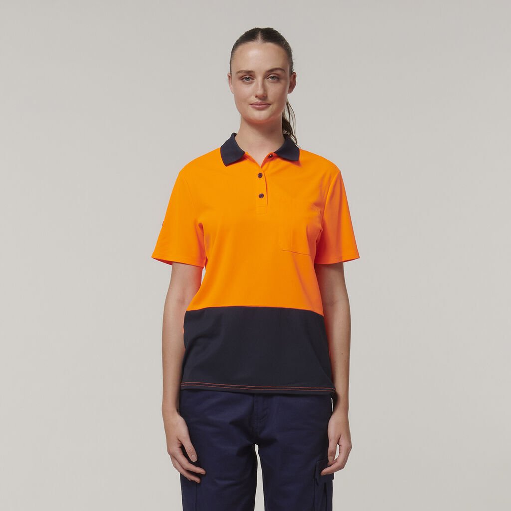 [Y08601-ORANGE/NAVY-6] HARD YAKKA - [Y08601] WOMEN'S CORE HI VIS SHORT SLEEVE SPLICED POLO (ORANGE/NAVY, 6)