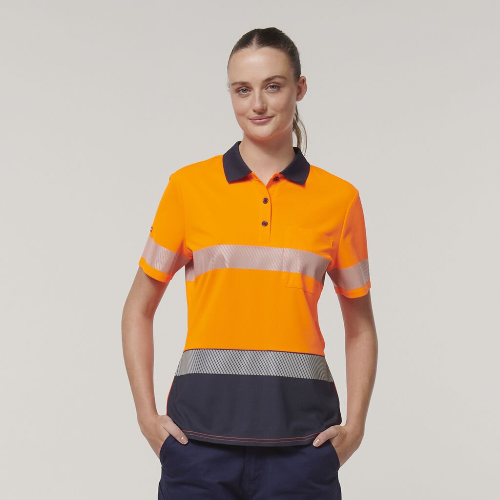 [Y08602-ORANGE/NAVY-6] HARD YAKKA - [Y08602] WOMEN'S CORE HI VIS SHORT SLEEVE SPLICED SEGMENTED TAPED POLO (ORANGE/NAVY, 6)