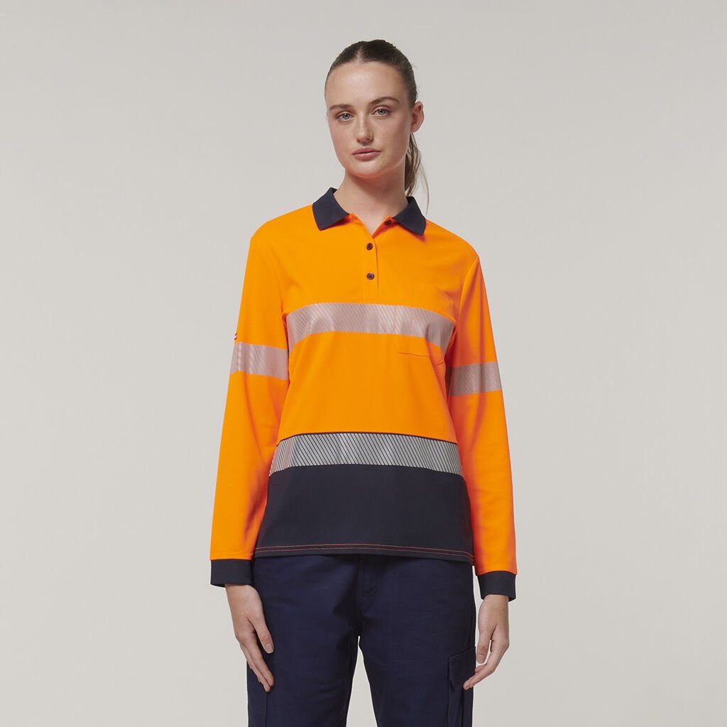 HARD YAKKA - [Y08604] WOMEN'S CORE HI VIS LONG SLEEVE SPLICED SEGMENTED TAPED POLO