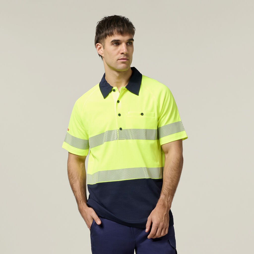 [Y11383-LEMON/DARK_NAVY-XS] HARD YAKKA - [Y11383] CORE HI VIS SHORT SLEEVE SPLICED SEGMENTED TAPED VENTED POLO (XS)
