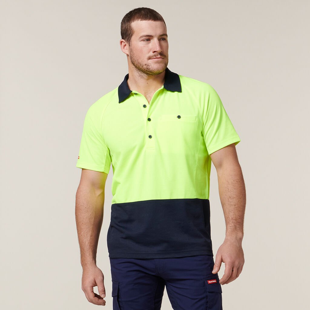 [Y11396-LEMON/DARK_NAVY-XS] HARD YAKKA - [Y11396] CORE HI VIS SHORT SLEEVE SPLICED VENTED POLO (XS)