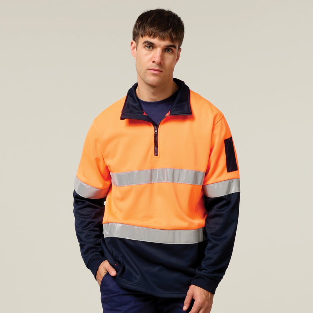 [Y19270-ORANGE/NAVY-2XS] HARD YAKKA - [Y19270] CORE HI VIS SPLICED 1/4 ZIP BRUSHED TAPED FLEECE JUMPER (ORANGE/NAVY, 2XS)