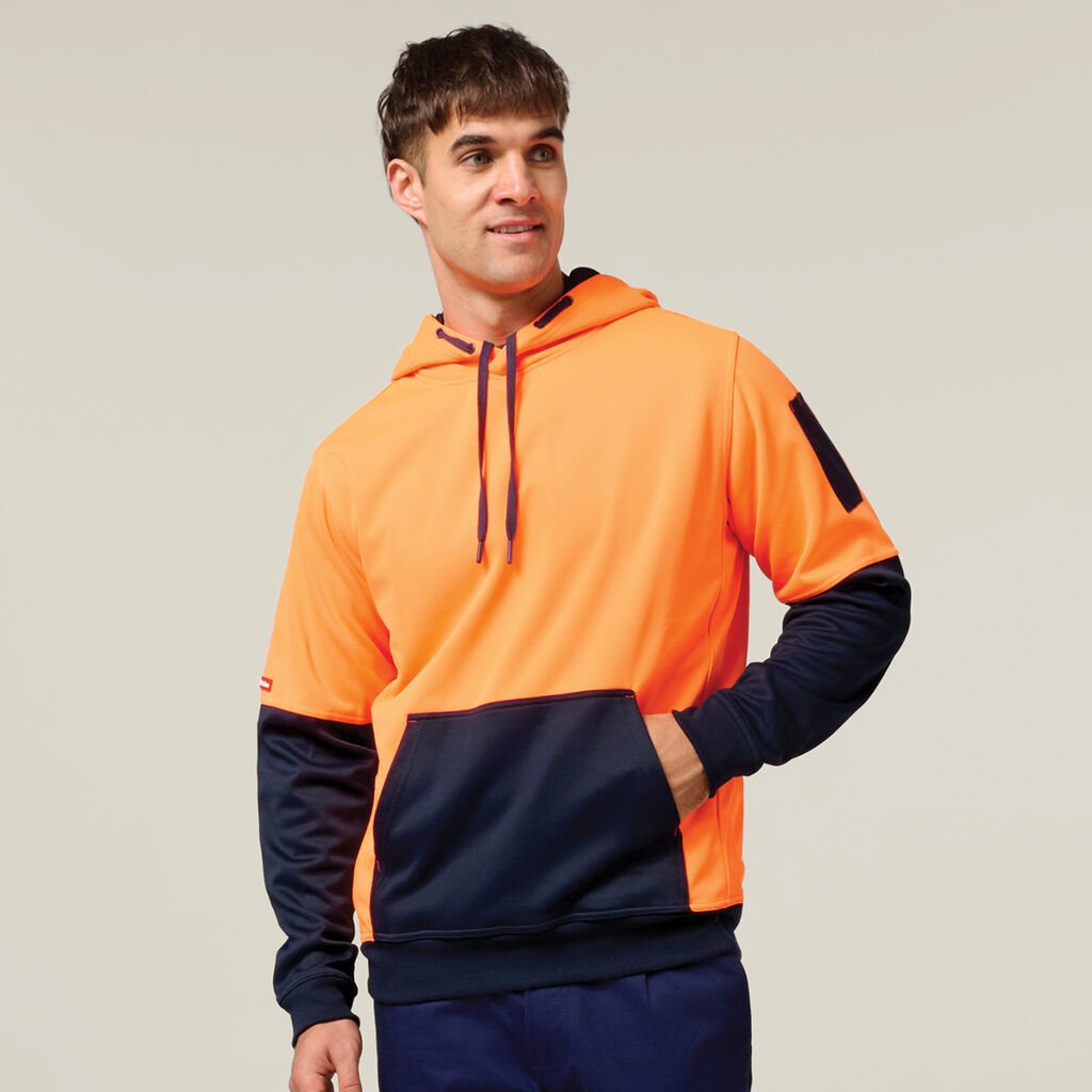 [Y19325-ORANGE/NAVY-XS] HARD YAKKA - [Y19325] CORE HI VIS SPLICED BRUSHED FLEECE HOODIE (ORANGE/NAVY, XS)
