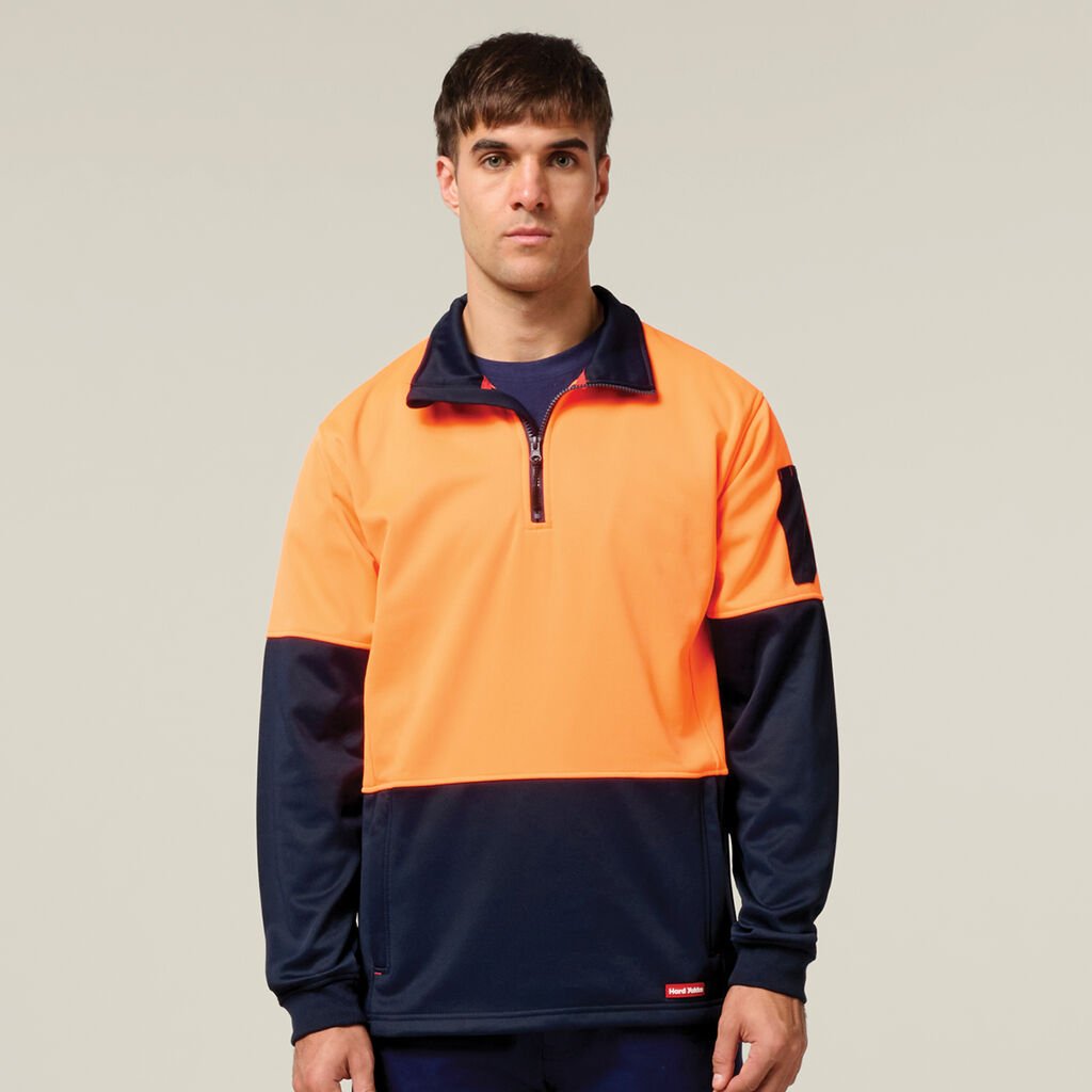 [Y19330-ORANGE/NAVY-2XS] HARD YAKKA - [Y19330] CORE HI VIS SPLICED 1/4 ZIP BRUSHED FLEECE JUMPER (ORANGE/NAVY, 2XS)