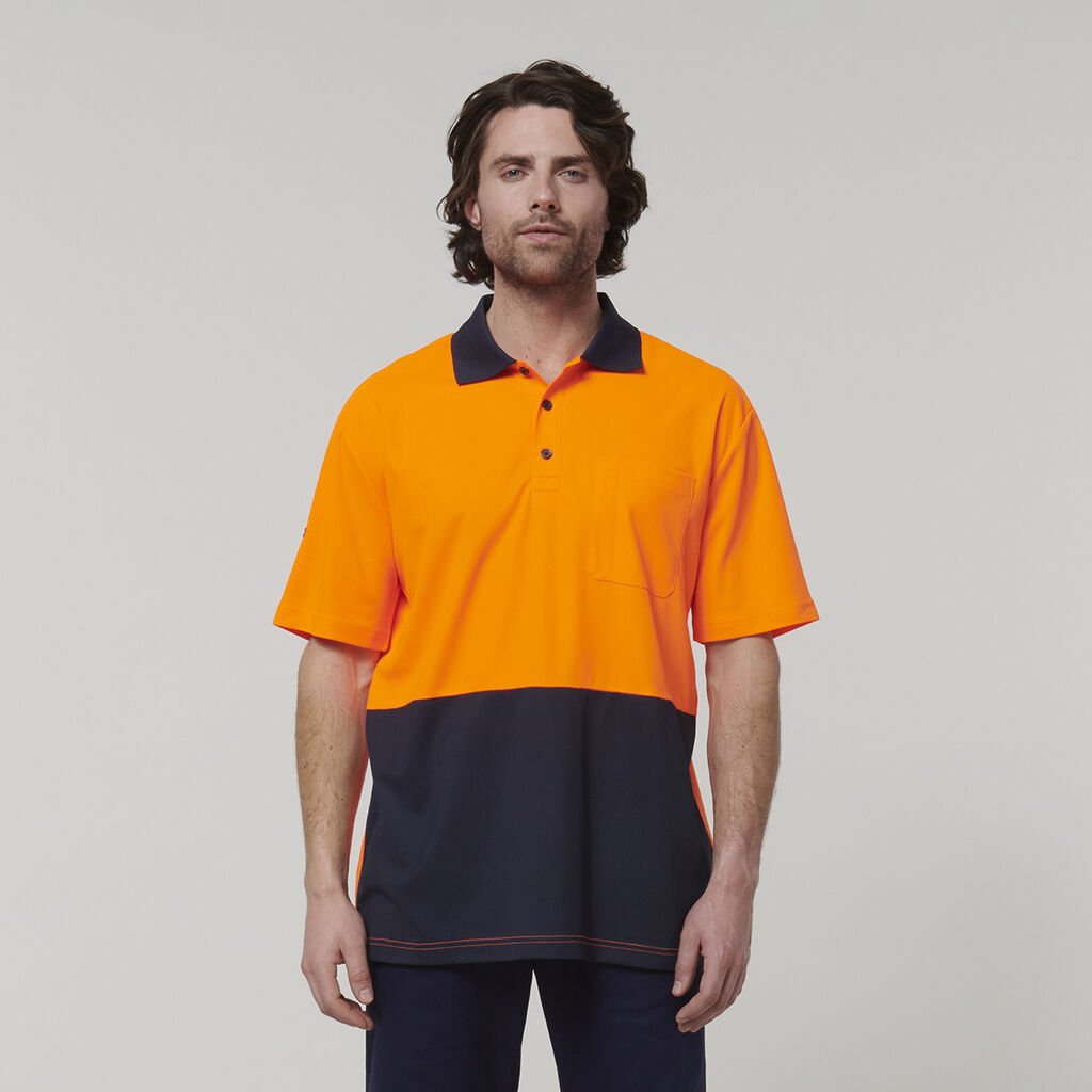 [Y19616-ORANGE/NAVY-S] HARD YAKKA - [Y19616] CORE HI VIS SHORT SLEEVE SPLICED POLO (ORANGE/NAVY, S)