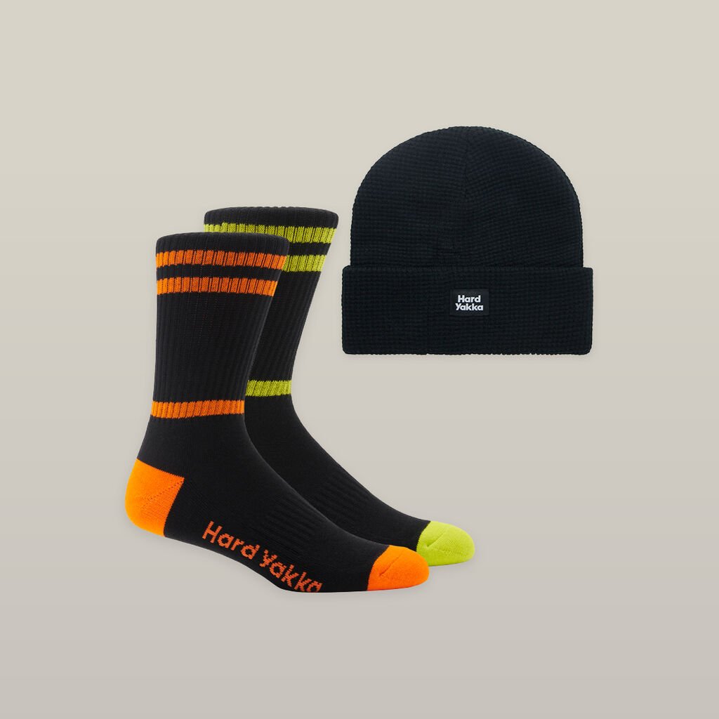 [Y20110-BLACK] HARD YAKKA - [Y20110] 3056 SOCK & BEANIE BUNDLE-2 PACK (BLACK)