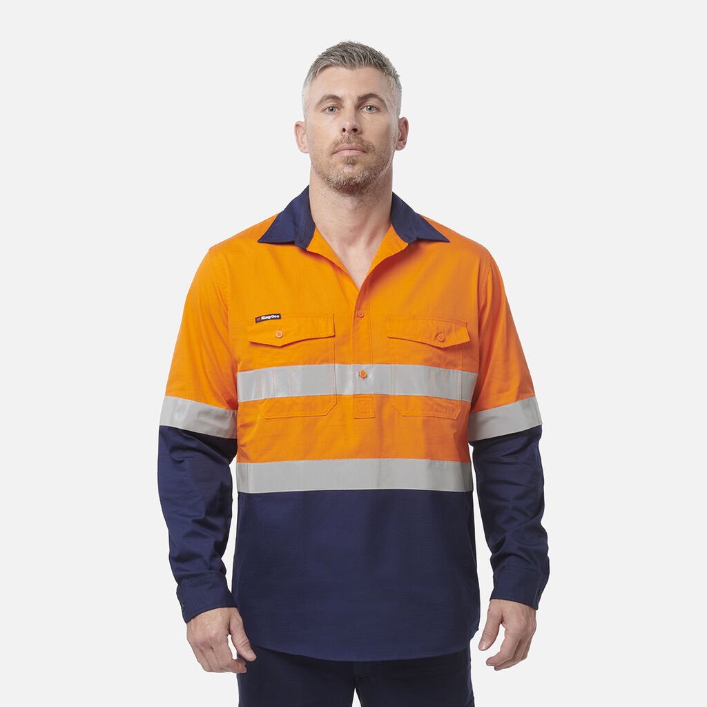 [K54886_ORANGE/NAVY_2XS] KINGGEE - [K54886] WORKCOOL 2 HI VIS REFLECTIVE SPLICED CLOSED FRONT SHIRT L/S (ORANGE/NAVY, 2XS)