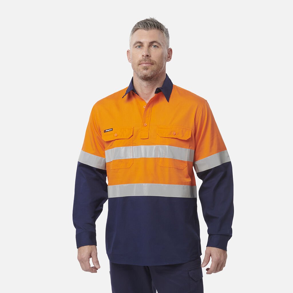 [K54914_ORANGE/NAVY_2XS] KINGGEE - [K54914] WORKCOOL VENTED CLOSED FRONT SPLICED SHIRT TAPED L/S (ORANGE/NAVY, 2XS)
