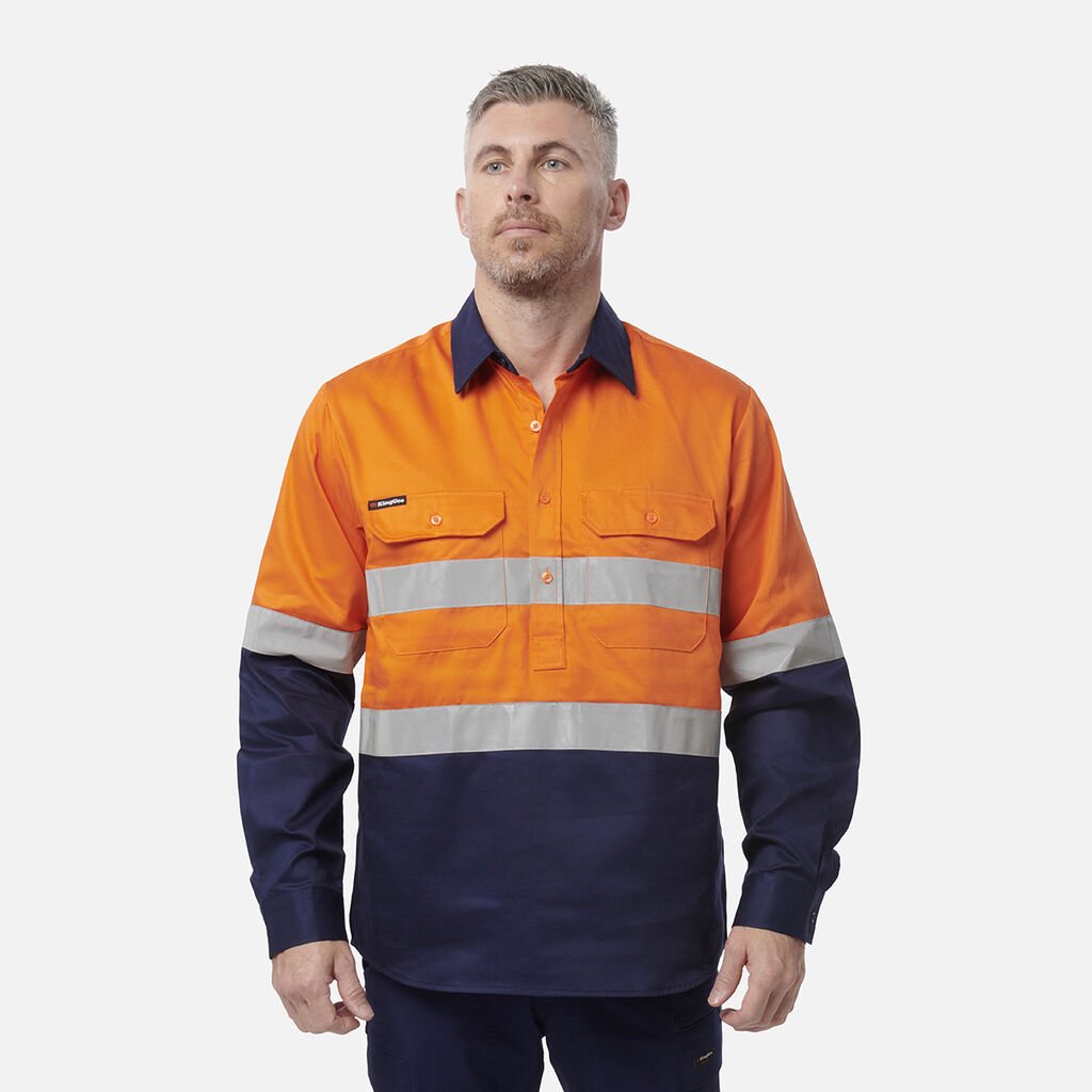 [K54325_ORANGE/NAVY_S] KINGGEE - [K54325] CLOSED FRONT REFLECTIVE SPLICED DRILL SHIRT L/S (ORANGE/NAVY, S)