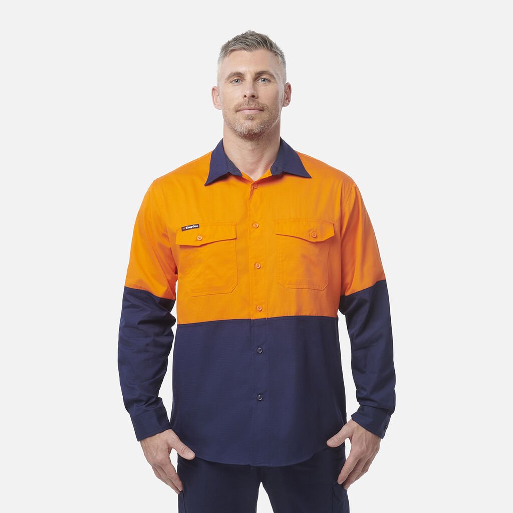 [K54870_ORANGE/NAVY_2XS] KINGGEE - [K54870] WORKCOOL 2 SPLICED SHIRT L/S (ORANGE/NAVY, 2XS)