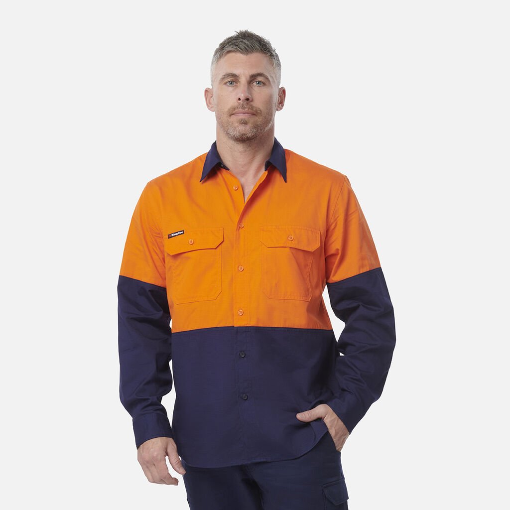 [K54912_ORANGE/NAVY_2XS] KINGGEE - [K54912] WORKCOOL VENTED SPLICED SHIRT L/S (ORANGE/NAVY, 2XS)