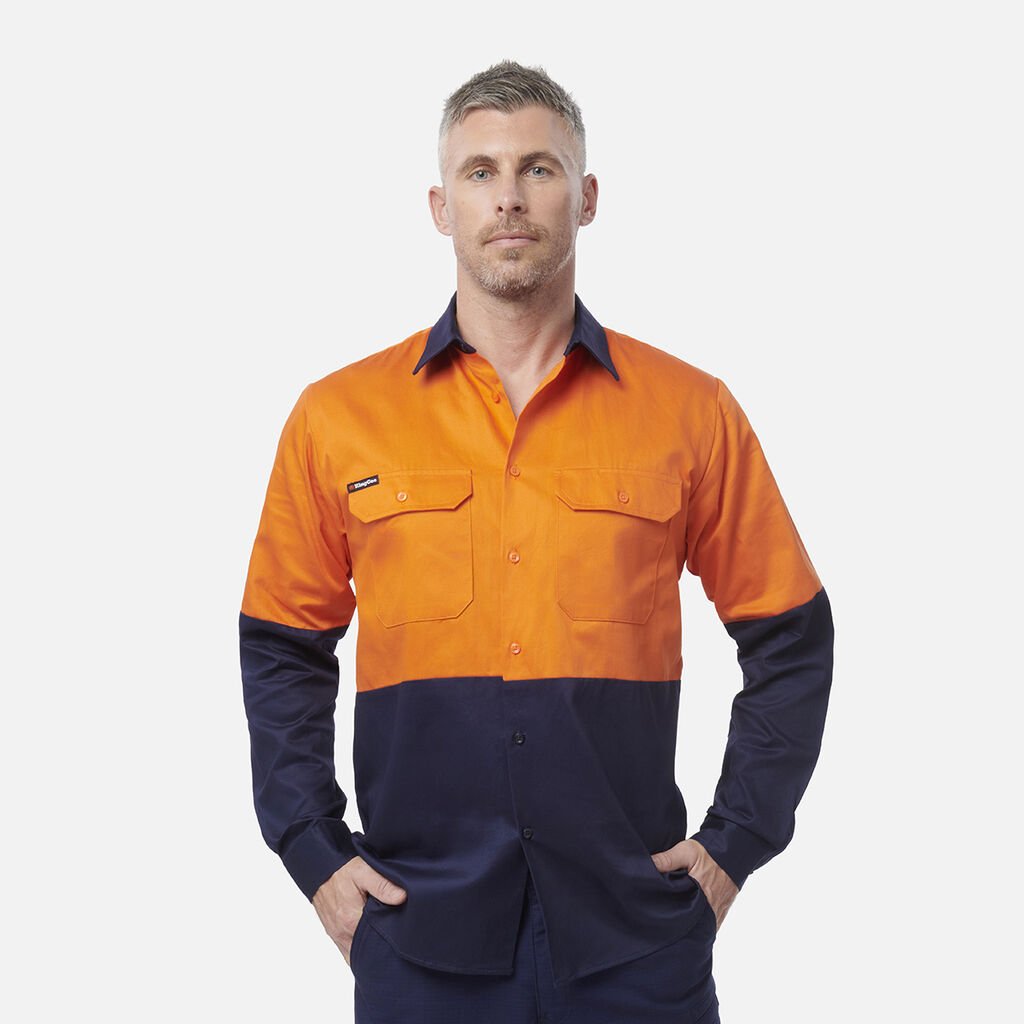 [K54015_ORANGE/NAVY_2XS] KINGGEE - [K54015] SPLICED DRILL SHIRT (ORANGE/NAVY, 2XS)