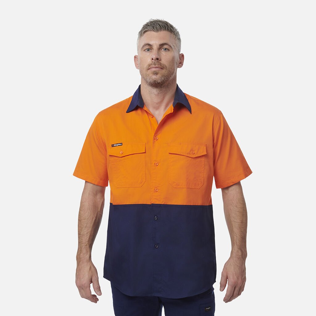 [K54875_ORANGE/NAVY_2XS] KINGGEE - [K54875] WORKCOOL 2 SPLICED SHIRT S/S (ORANGE/NAVY, 2XS)