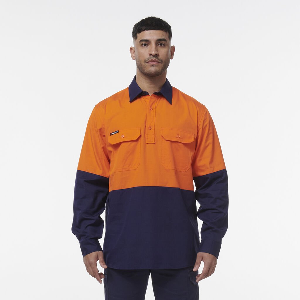 [K54011_ORANGE/NAVY_2XS] KINGGEE - [K54011] WORKCOOL VENTED CLOSED FRONT SPLICED SHIRT L/S (ORANGE/NAVY, 2XS)