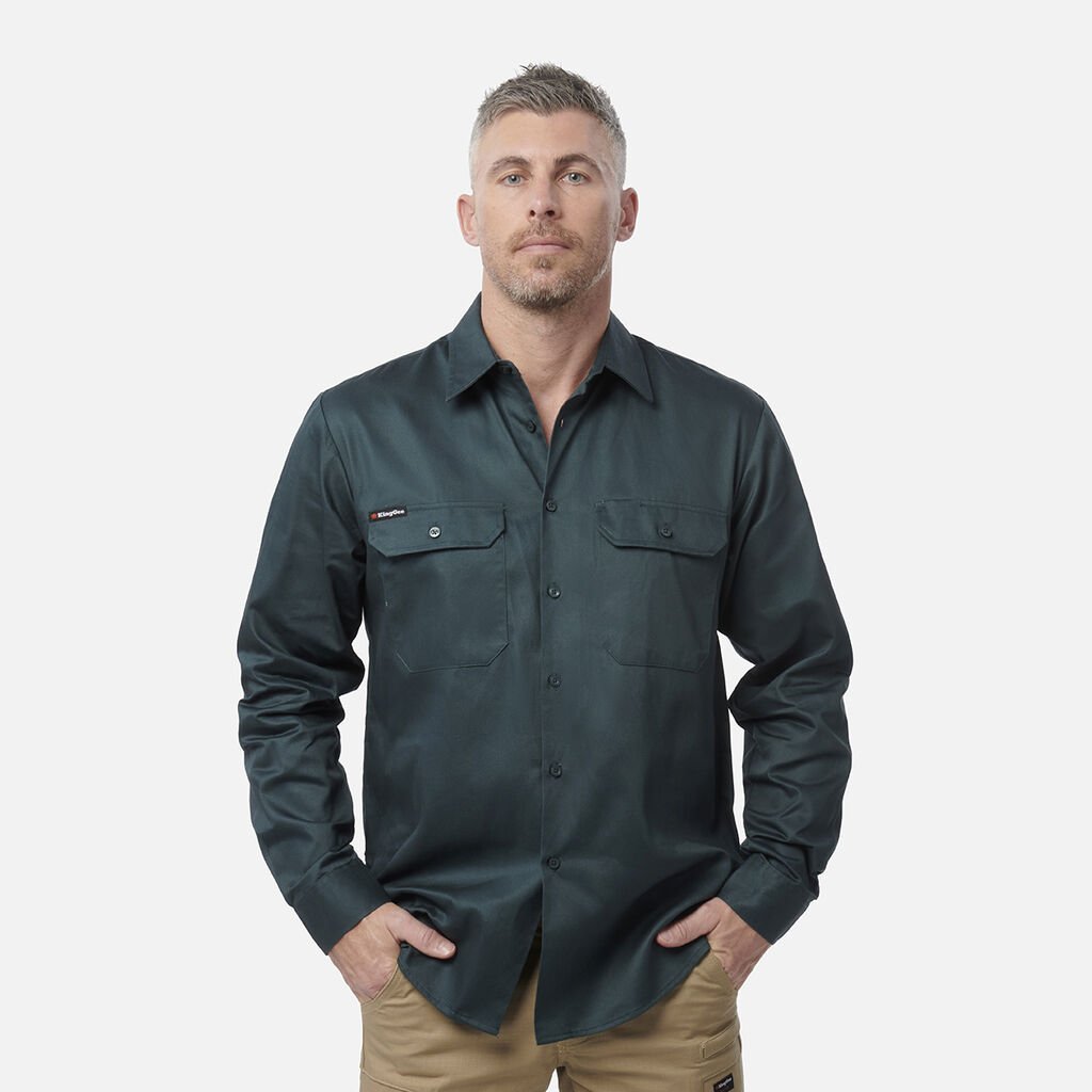 [K04010_GREEN_2XS] KINGGEE - [K04010] OPEN FRONT DRILL SHIRT L/S (GREEN, 2XS)