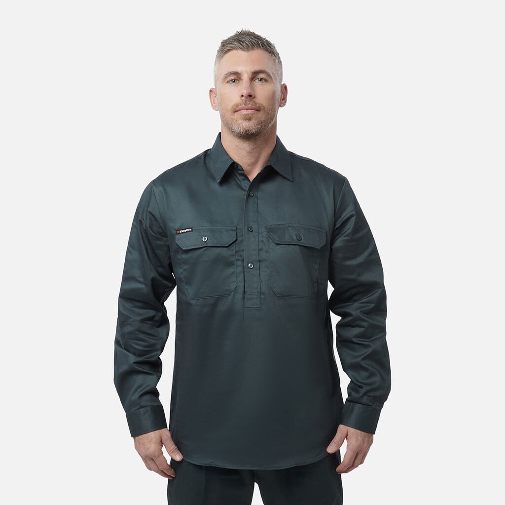 [K04020_GREEN_S] KINGGEE - [K04020] CLOSED FRONT DRILL SHIRT L/S (GREEN, S)