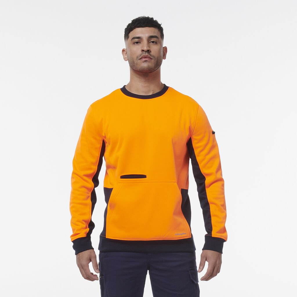 [K55062_ORANGE/NAVY_2XS] KINGGEE - [K55062] HI VIS CREW NECK FLEECE (ORANGE/NAVY, 2XS)