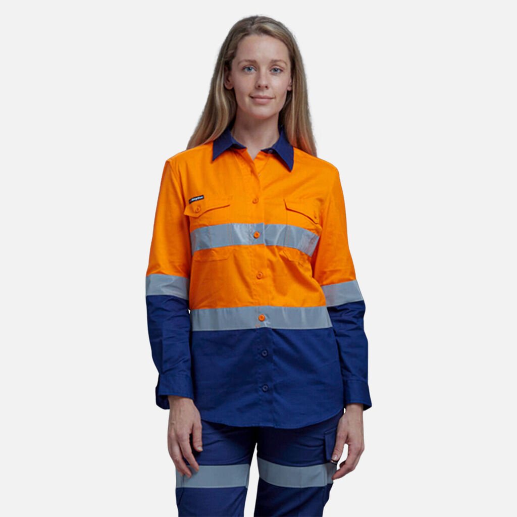 [K44544_ORANGE/NAVY_6] KINGGEE - [K44544] WOMEN'S WORKCOOL 2 HI VIS REFLECTIVE SPLICED SHIRT L/S (ORANGE/NAVY, 6)