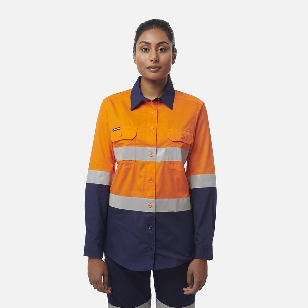 [K44227_ORANGE/NAVY_6] KINGGEE - [K44227] WOMEN'S WORKCOOL VENTED SPLICED SHIRT L/S (ORANGE/NAVY, 6)