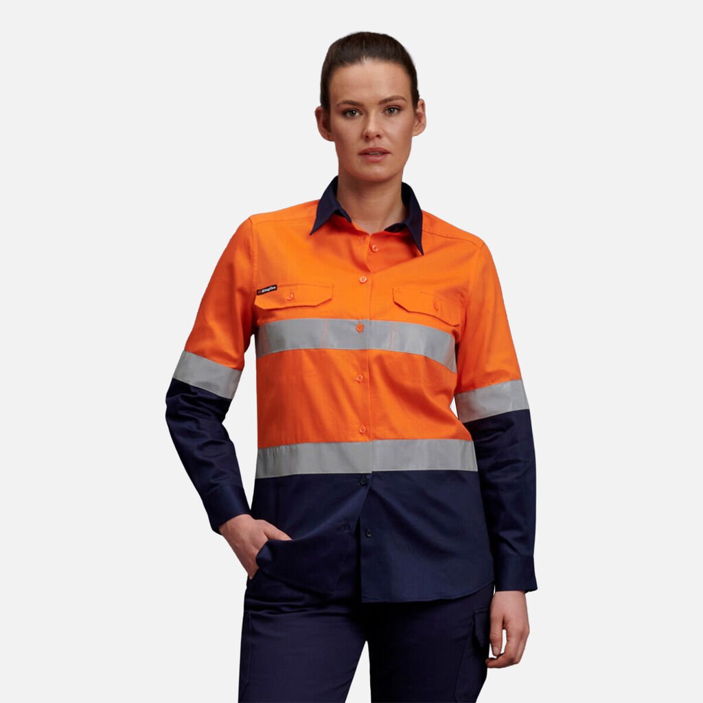 [K44532_ORANGE/NAVY_6] KINGGEE - [K44532] WOMEN'S REFLECTIVE SPLICED DRILL SHIRT L/S (ORANGE/NAVY, 6)