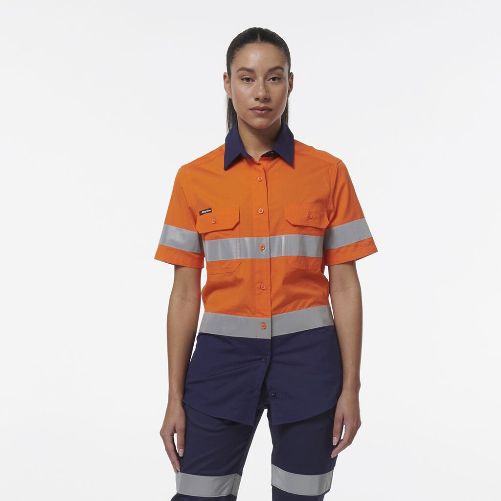 [K44229_ORANGE/NAVY_6] KINGGEE - [K44229] WOMEN'S WORKCOOL VENTED REFLECTIVE SHIRT S/S (ORANGE/NAVY, 6)
