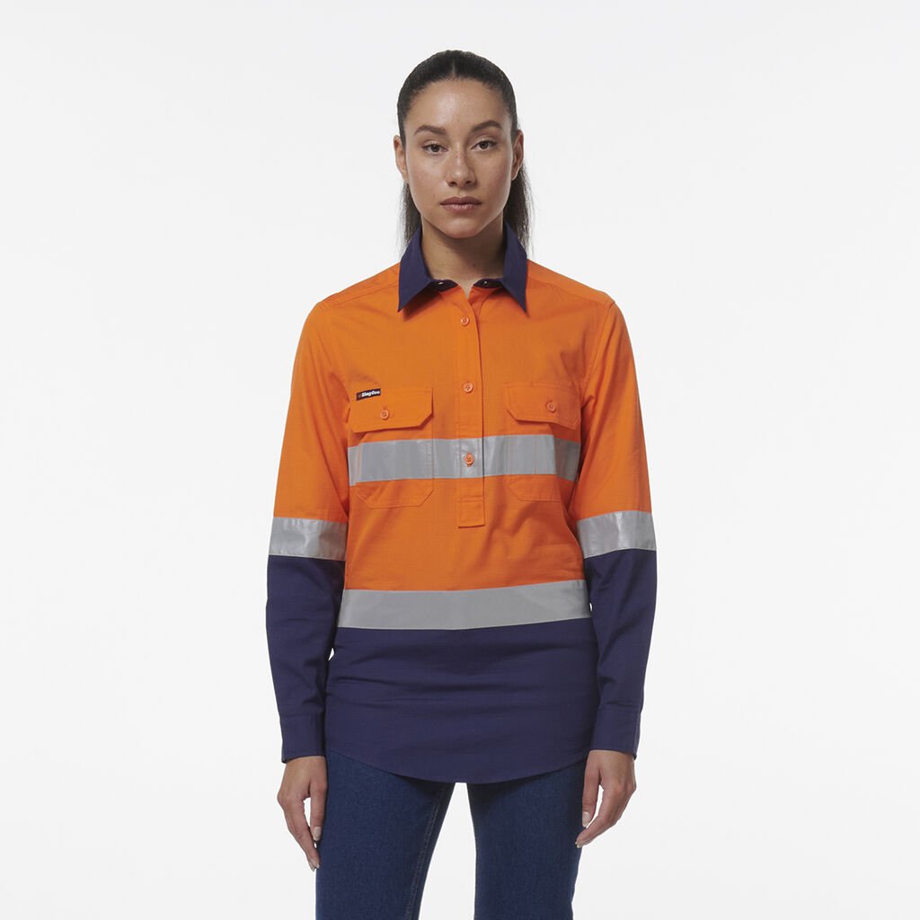 [K44230_ORANGE/NAVY_6] KINGGEE - [K44230] WOMEN'S WORKCOOL VENTED CLOSED FRONT REFLECTIVE SHIRT (ORANGE/NAVY, 6)