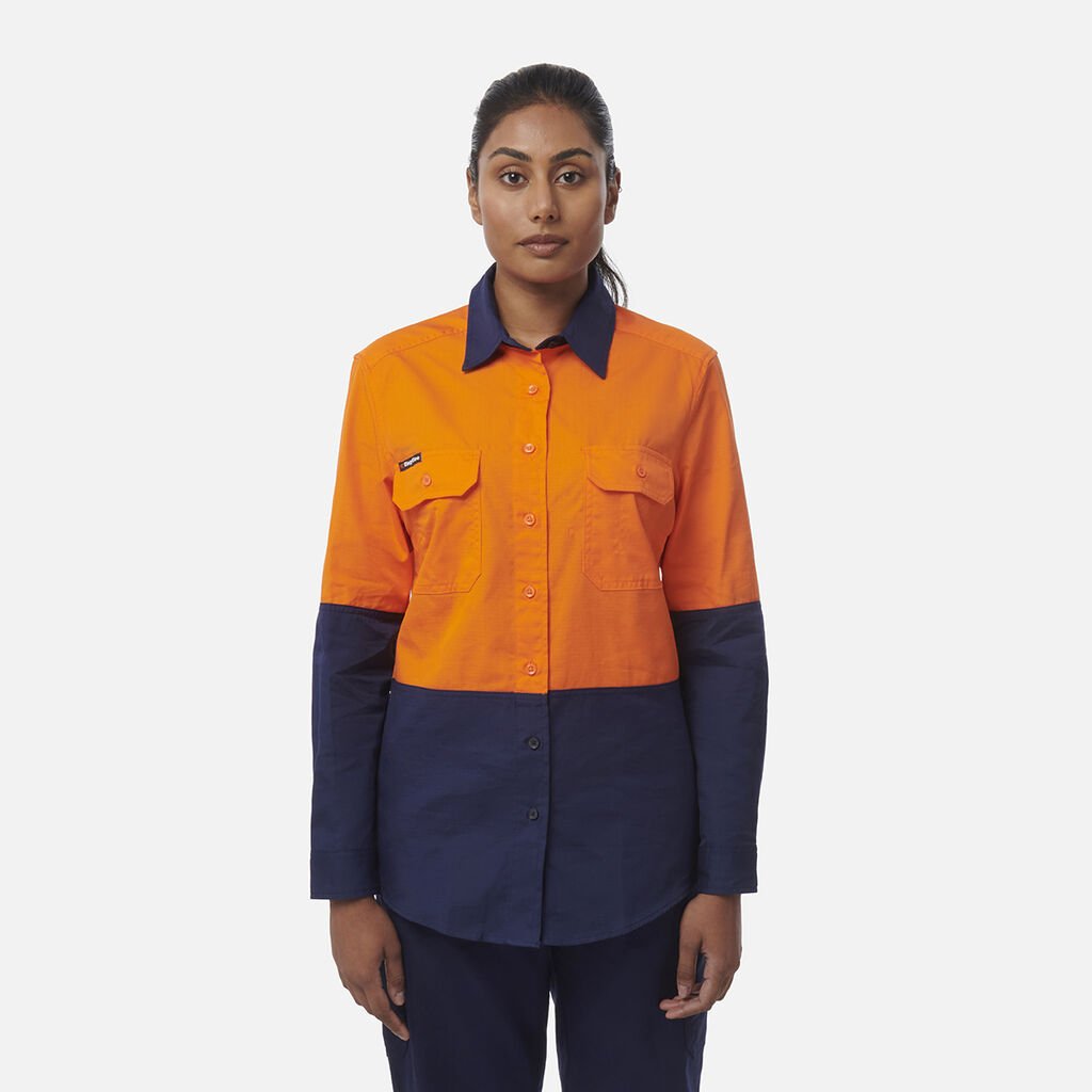 [K44226_ORANGE/NAVY_6] KINGGEE - [K44226] WOMEN'S WORKCOOL VENTED SPLICED SHIRT L/S (ORANGE/NAVY, 6)