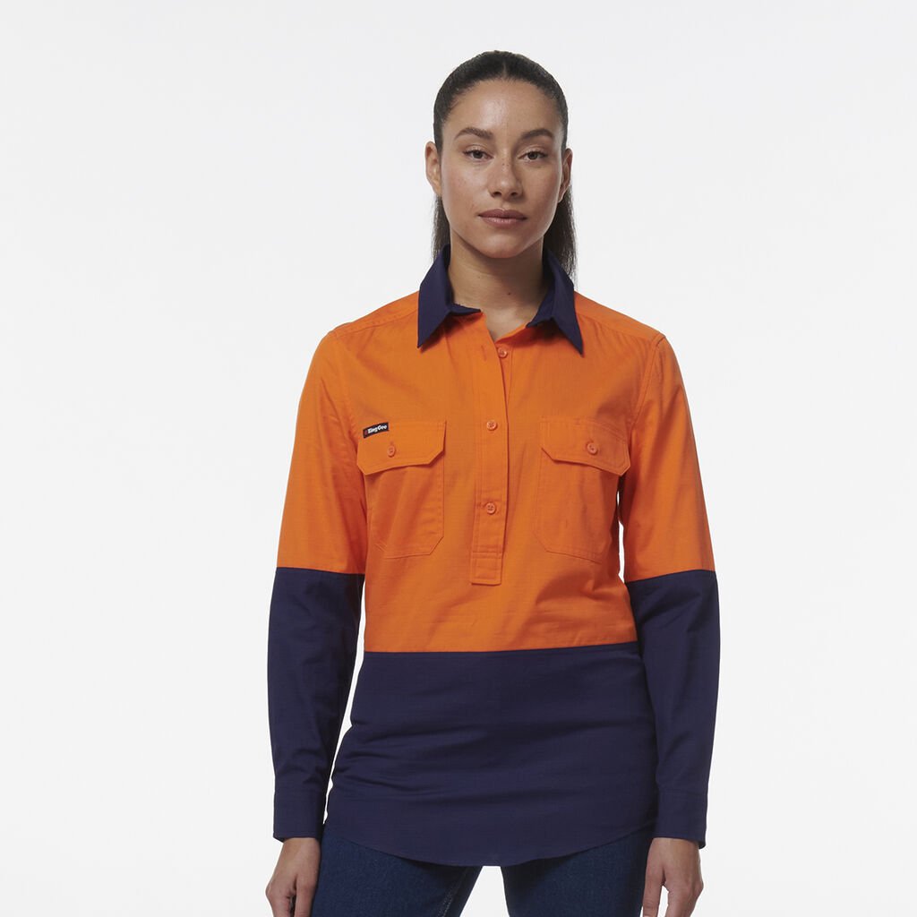 [K44211_ORANGE/NAVY_6] KINGGEE - [K44211] WOMEN'S WORKCOOL VENTED CLOSED FRONT SPLICED SHIRT L/S (ORANGE/NAVY, 6)