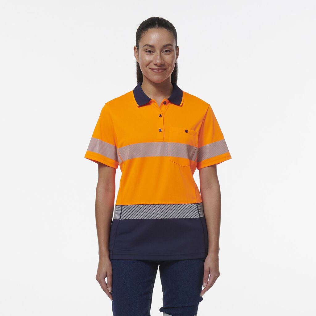 [K44224_ORANGE/NAVY_XS] KINGGEE - [K44224] WOMEN'S WORKCOOL HYPERFREEZE SPLICED POLO WITH SEGMENTED TAPE S/S (ORANGE/NAVY, XS)