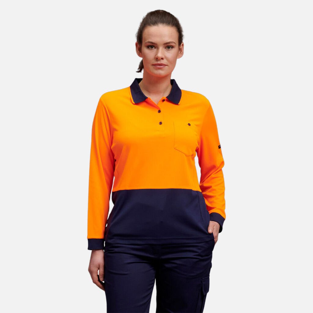 [K44730_ORANGE/NAVY_XS] KINGGEE - [K44730] WOMEN'S WORKCOOL HYPERFREEZE SPLICED POLO  L/S (ORANGE/NAVY, XS)