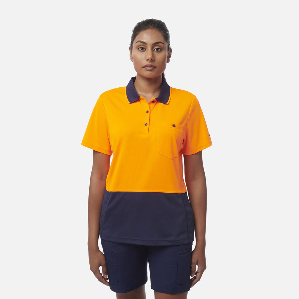 [K44735_ORANGE/NAVY_XS] KINGGEE - [K44735] WOMEN'S WORKCOOL HYPERFREEZE SPLICED POLO  S/S (ORANGE/NAVY, XS)