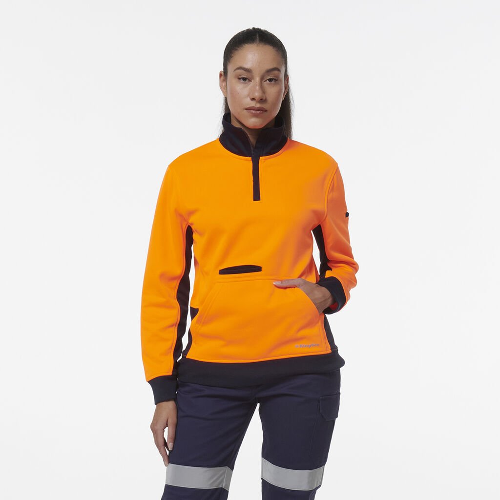 [K45008_ORANGE/NAVY_XS] KINGGEE - [K45008] WOMEN'S 1/4 ZIP FLEECE (ORANGE/NAVY, XS)