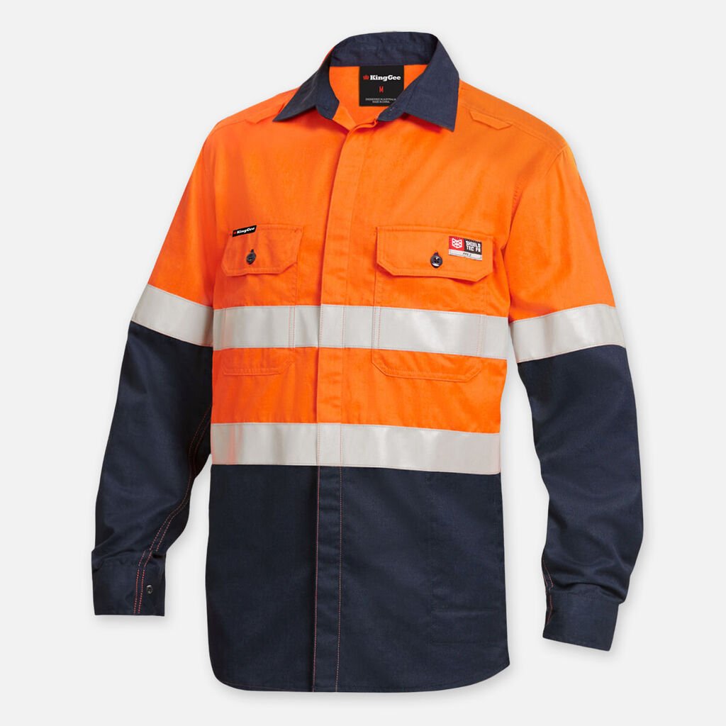 [K84000_ORANGE/NAVY_S] KINGGEE - [K84000] SHIELDTEC LENZING FR HI-VIS SPLICED OPEN FRONT LONG SLEEVE SHIRT WITH FR TAPE (ORANGE/NAVY, S)