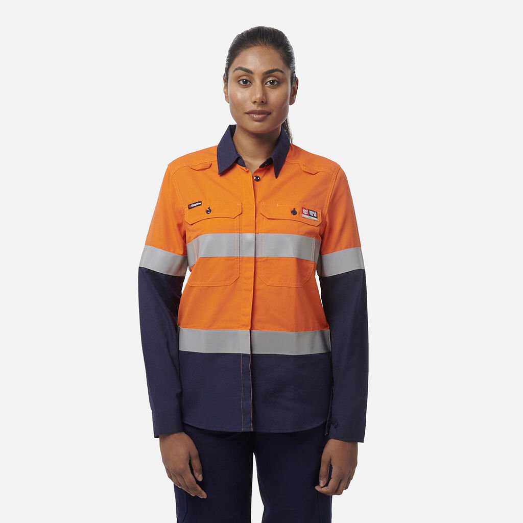 [K84002_ORANGE/NAVY_6] KINGGEE - [K84002] WOMEN'S SHIELDTEC LENZING FR HI-VIS SPLICED OPEN FRONT LONG SLEEVE SHIRT WITH FR TAPE (ORANGE/NAVY, 6)