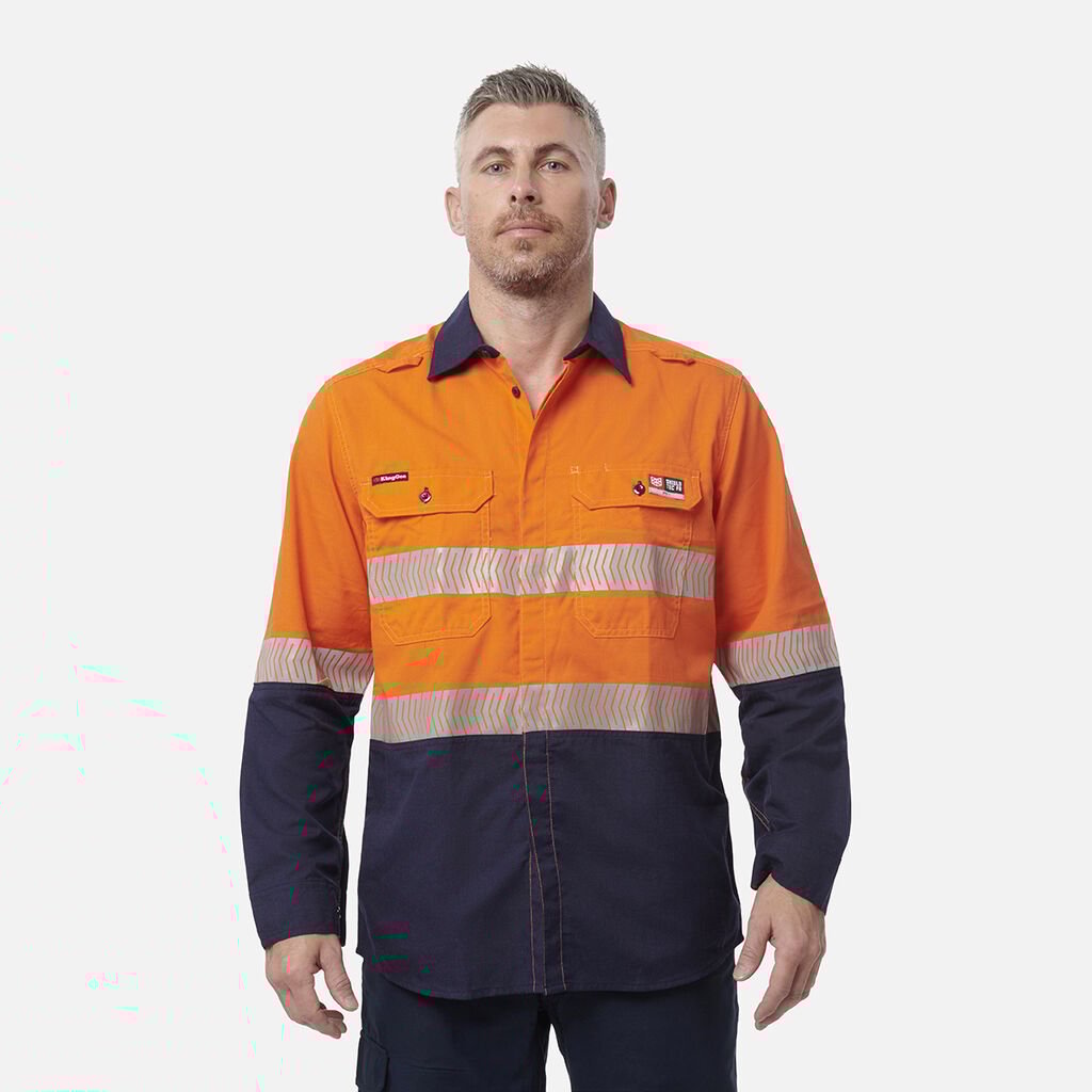 [Y04370_ORANGE/NAVY_S] KINGGEE - [Y04370] SHIELDTEC LENZING FR HI-VIS SPLICED OPEN FRONT LONG SLEEVE SHIRT WITH FR TAPE (ORANGE/NAVY, S)