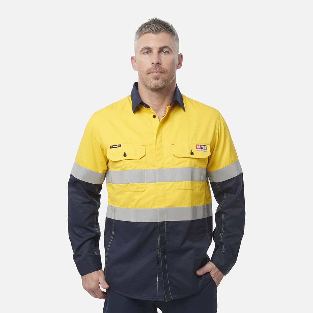 [Y04350_ORANGE/NAVY_S] KINGGEE - [Y04350] SHIELDTEC FR HI-VIS SPLICED OPEN FRONT LONG SLEEVE SHIRT WITH FR TAPE (ORANGE/NAVY, S)