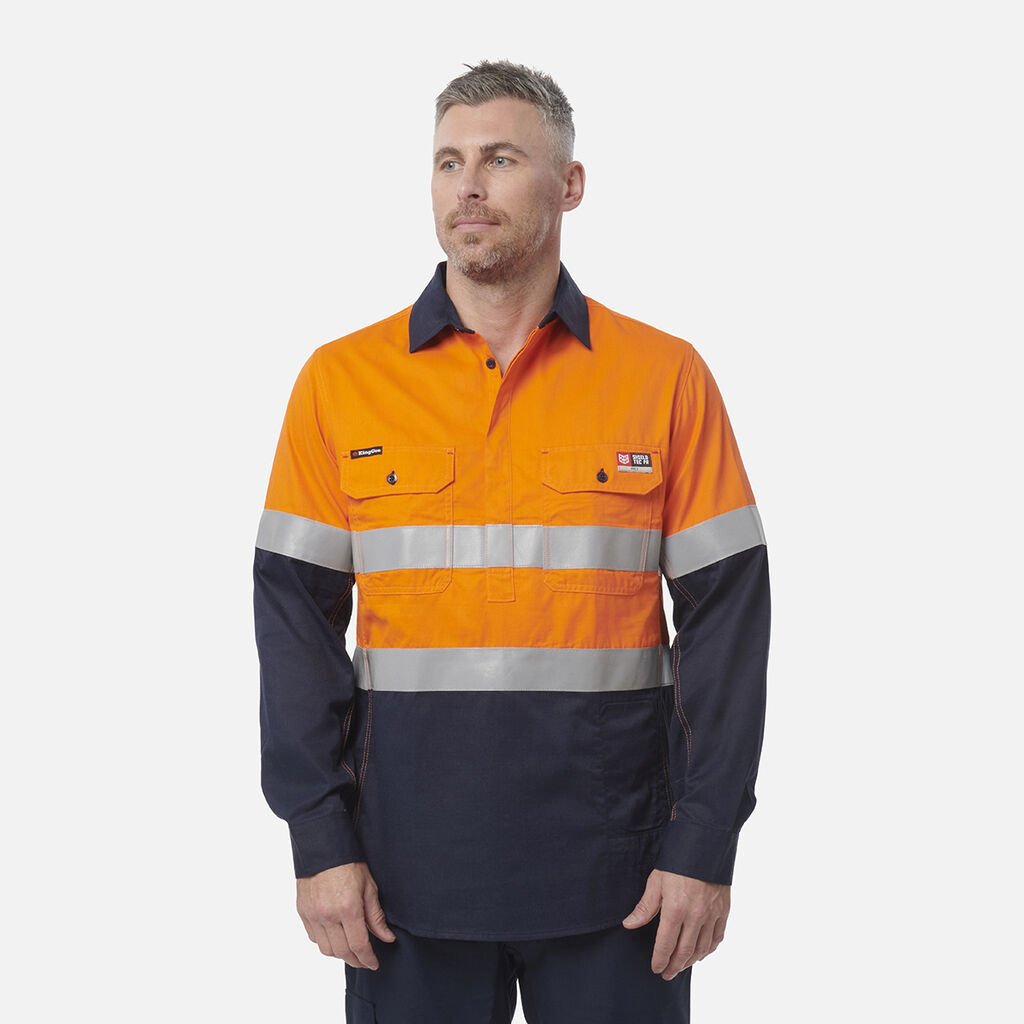 [Y04550_ORANGE/NAVY_S] KINGGEE - [Y04550] SHIELDTEC FR HI-VIS SPLICED CLOSED FRONT LONG SLEEVE SHIRT WITH FR TAPE (ORANGE/NAVY, S)