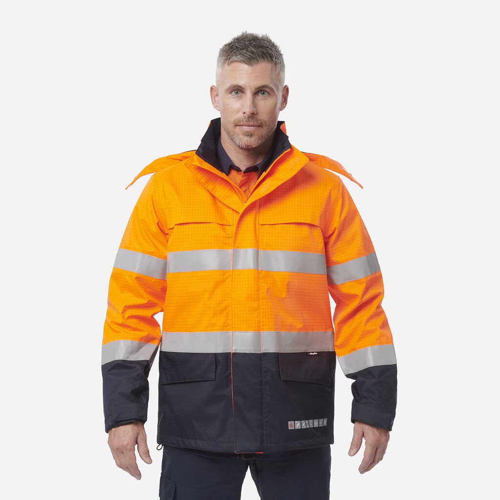 [Y06730_ORANGE/NAVY_XS] KINGGEE - [Y06730] SHIELDTEC FR HI-VIS SPLICED WET WEATHER ANTISTATIC JACKET WITH FR TAPE (ORANGE/NAVY, XS)