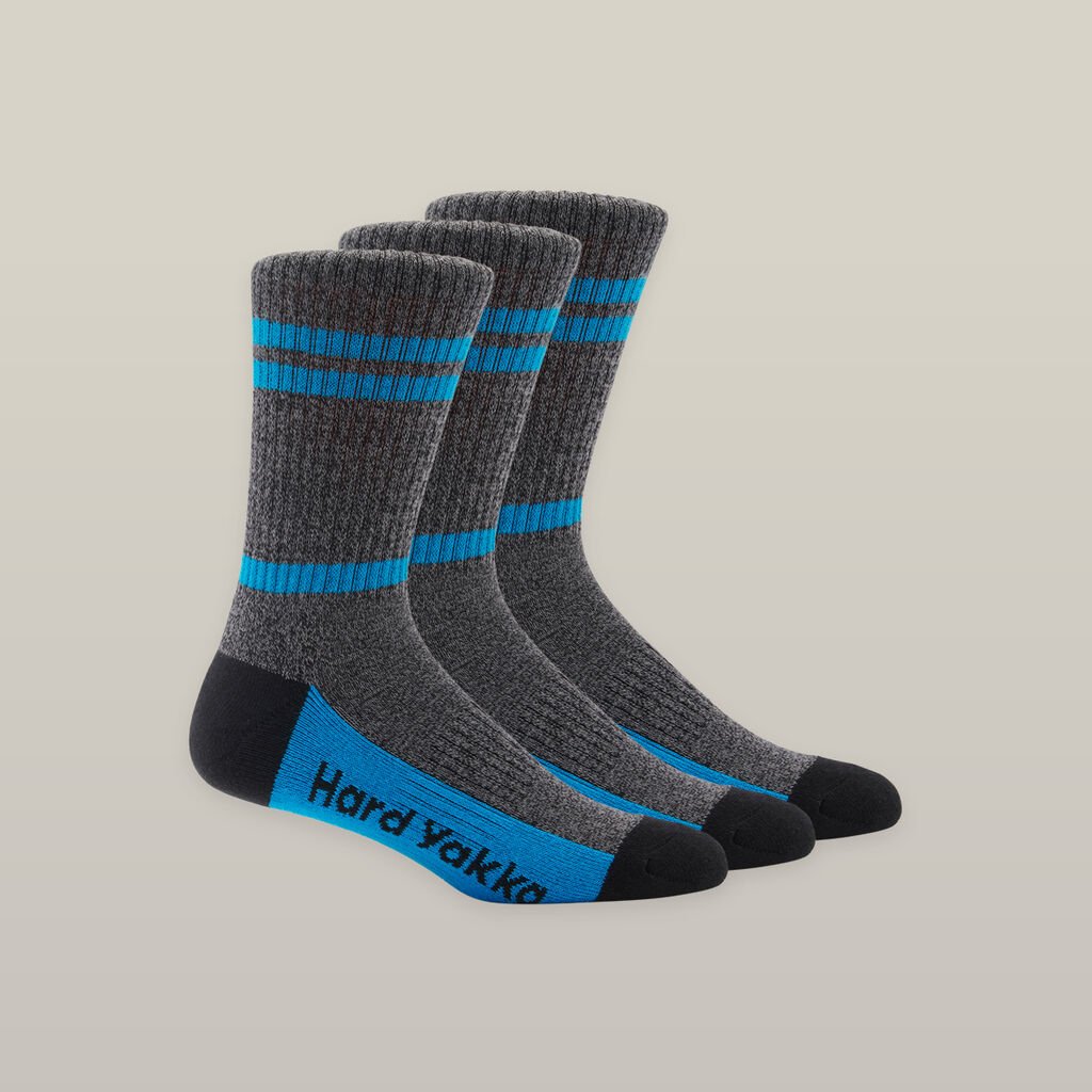 [Y08606-BLUE-3-8] HARD YAKKA - [Y08606] WOMEN'S 3056 COTTON RICH CREW SOCK - 3 PACK (BLUE/BLACK MARLE)