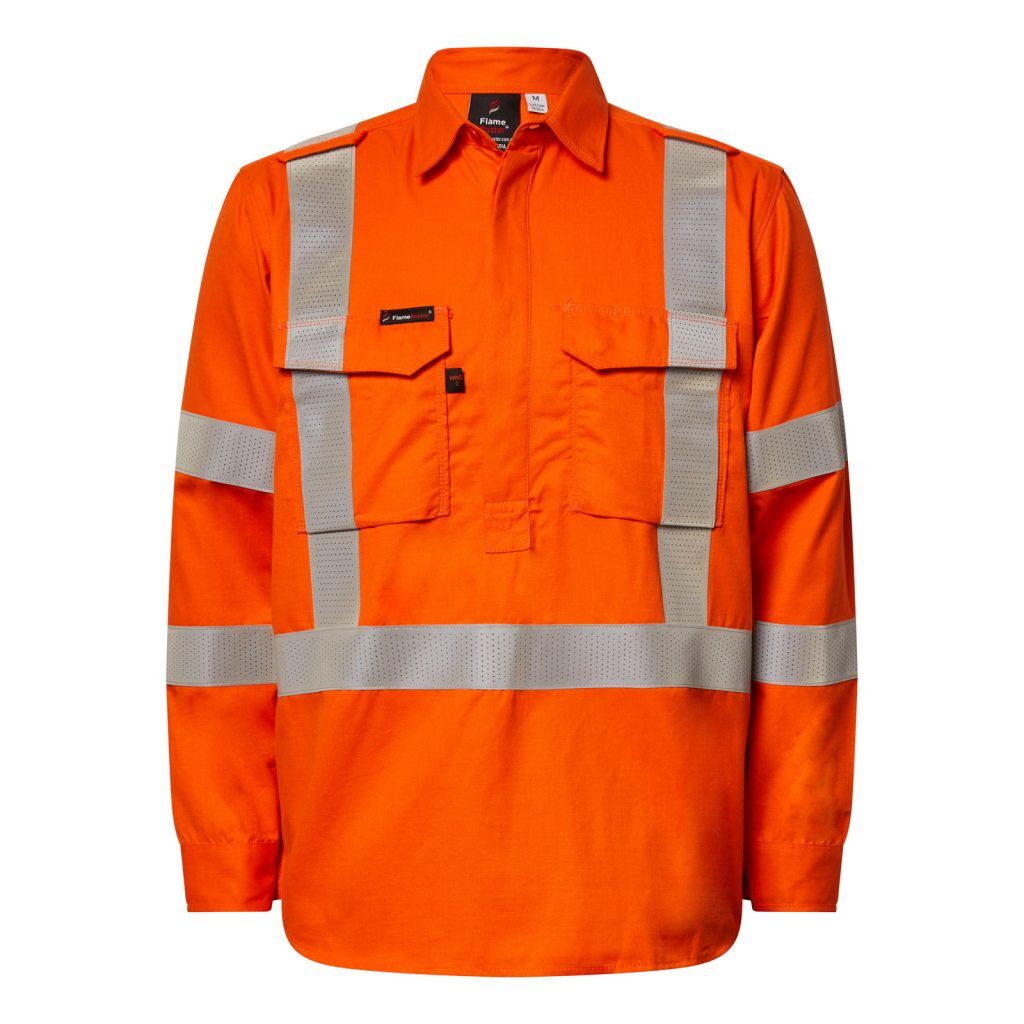 [FSV031A_ORG_XS] FLAMEBUSTER - [FSV031A] HRC2 INHERENT HI VIS CLOSED FRONT REFLECTIVE SHIRT WITH X PATTERN AND GUSSET SLEEVES (XS)
