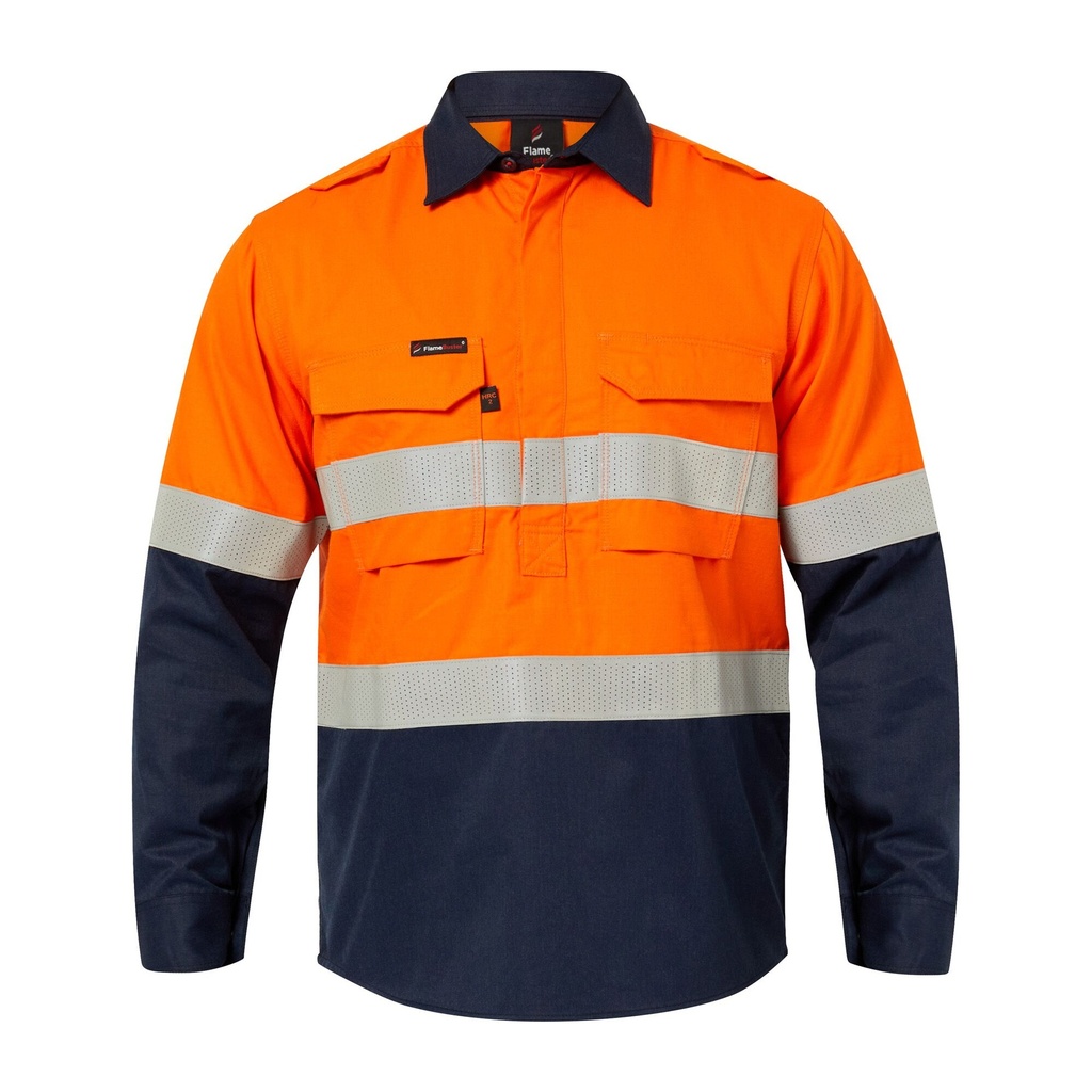[FSV015A_ORANGE/NAVY_XS] FLAMEBUSTER - [FSV015A] MENS HRC2 INHERENT HI VIS REFLECTIVE SHIRT WITH GUSSET SLEEVES (ORANGE/NAVY, XS)