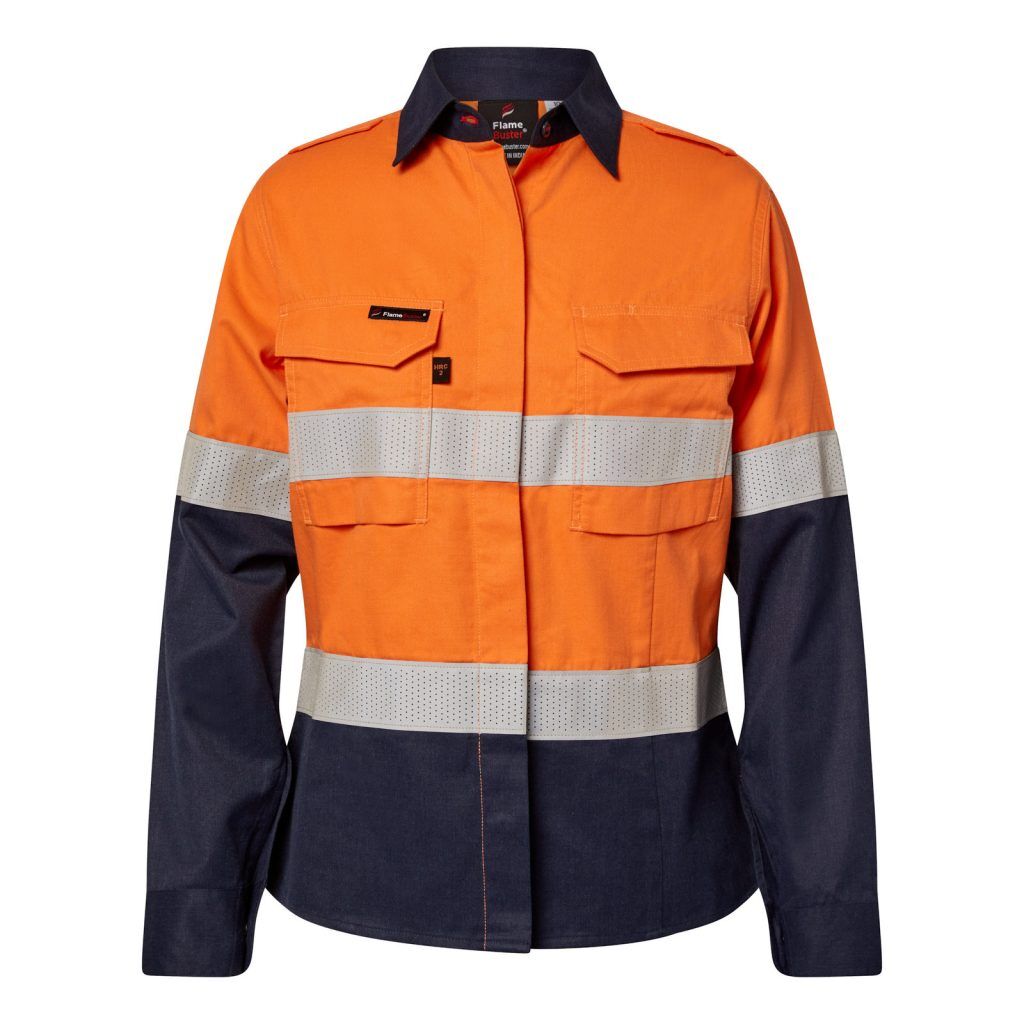[FSL016A_ORANGE/NAVY_6] FLAMEBUSTER - [FSL016A] WOMENS HRC2 INHERENT HI VIS REFLECTIVE SHIRT WITH GUSSET SLEEVES (ORANGE/NAVY, 6)